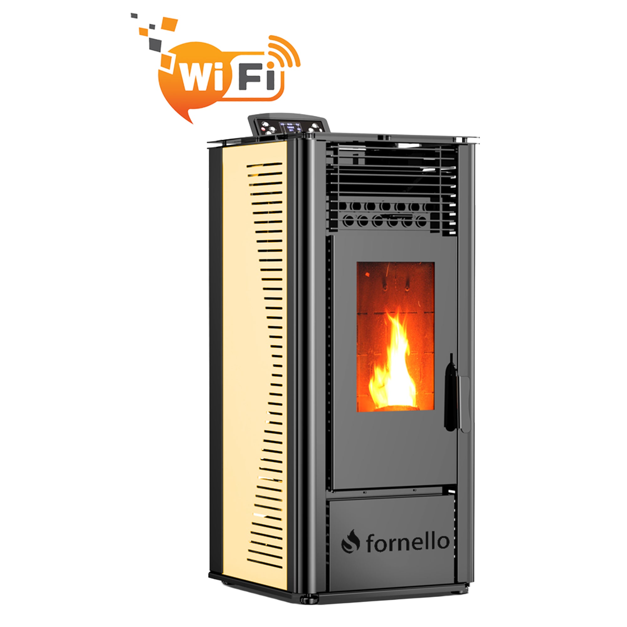 Pachet complet pentru incalzire cu control de la distanta format din Semineu (soba) pe peleti cu tiraj fortat Fornello SOPHIA WI-FI 11 kw, termostat Salus IT 500, aspirator, kit de evacuare 3,5 metri, telecomanda, Wi-fi, culoare Ivory