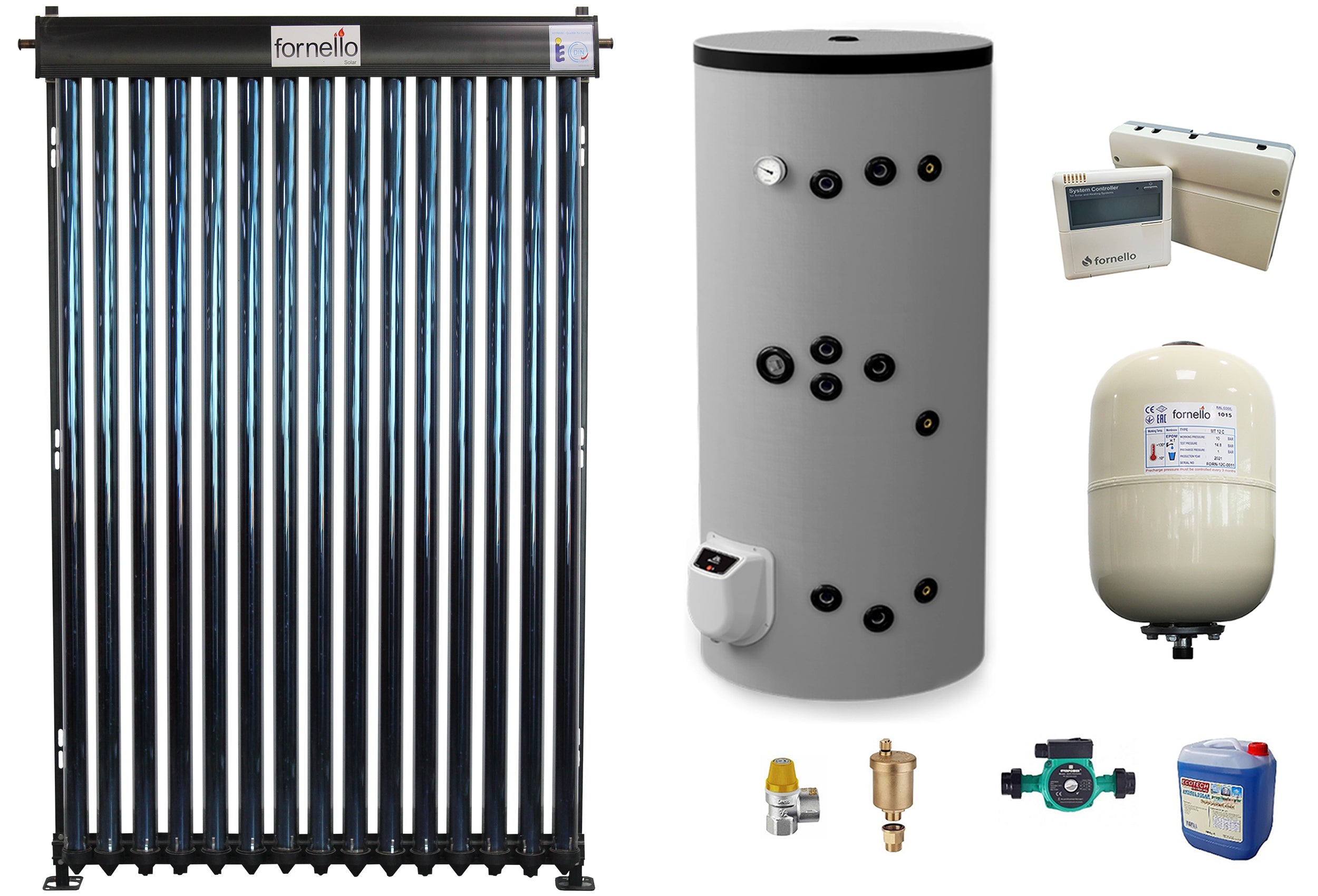Sistem solar presurizat, panou Fornello 15 Tuburi Heat Pipe,boiler cu 2 serpentine si rezistenta electrica Eldom 150 litri cu montaj pe sol, pompa 25-60, controller, vas expansiune, antigel, supapa 1/2, aerisitor 1/2
