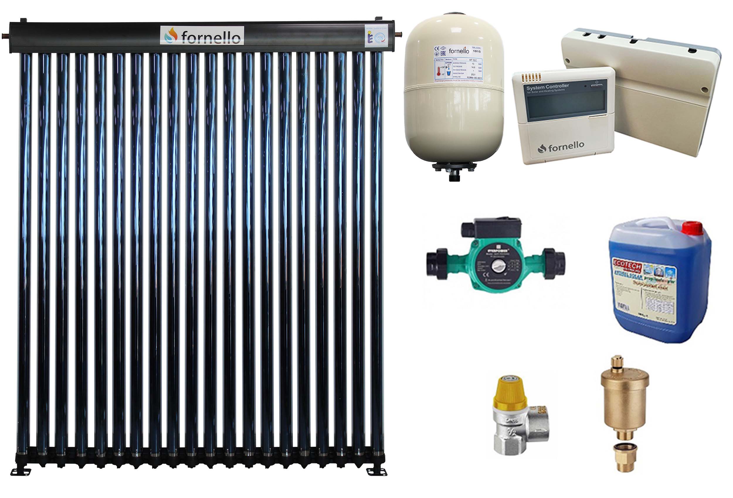 Sistem solar presurizat, panou Fornello 20 Tuburi Heat Pipe, pompa 25-60, controller, vas expansiune, antigel, supapa 1/2, aerisitor 1/2