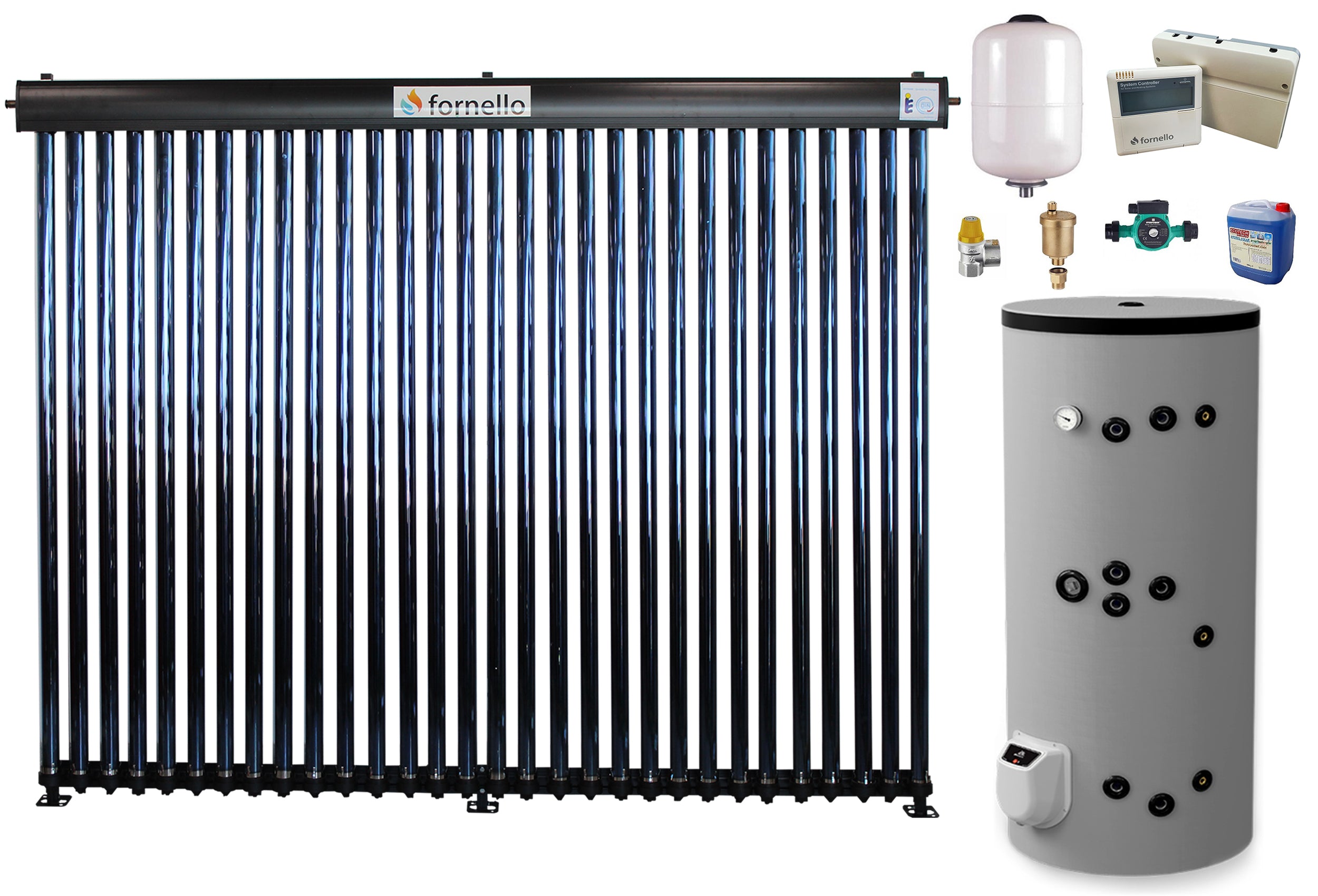 Sistem solar presurizat, panou Fornello 30 Tuburi Heat Pipe, boiler cu 2 serpentine si rezistenta electrica Eldom 300 litri cu montaj pe sol, pompa 25-60, controller, vas expansiune, antigel, supapa 1/2, aerisitor 1/2