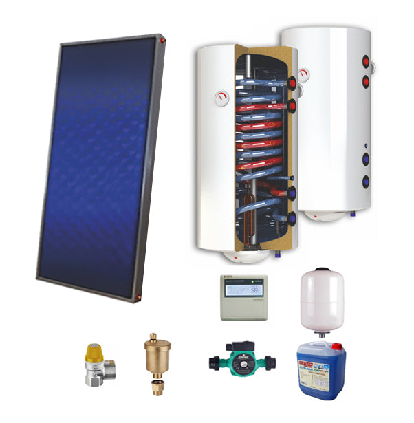 Sistem solar presurizat, panou solar plan Sunsystem PК SL FP 2.0, boiler cu 2 serpentine si rezistenta electrica Sunsystem 200 litri, pompa 25-60, controller, vas expansiune, antigel, supapa 1/2, aerisitor 1/2