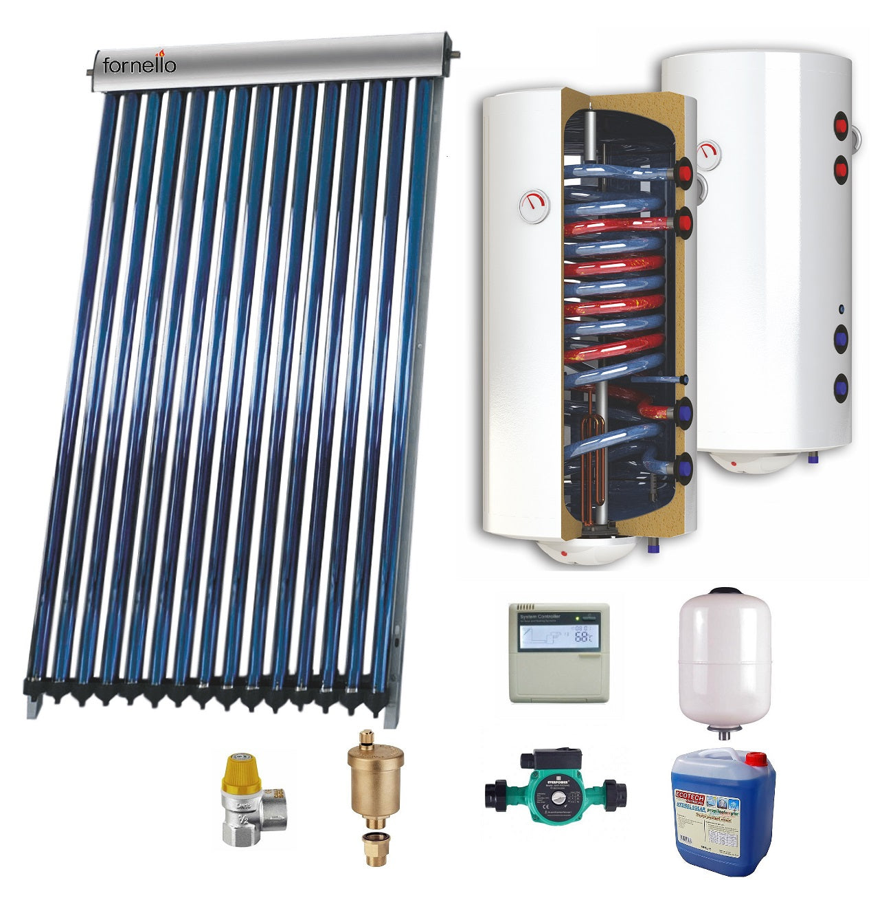 Sistem solar presurizat , panou Sunsystem VTC 30 tuburi, boiler cu 2 serpentine si rezistenta electrica Sunsystem 200 litri, pompa 25-60, controller, vas expansiune, antigel, supapa 1/2, aerisitor 1/2