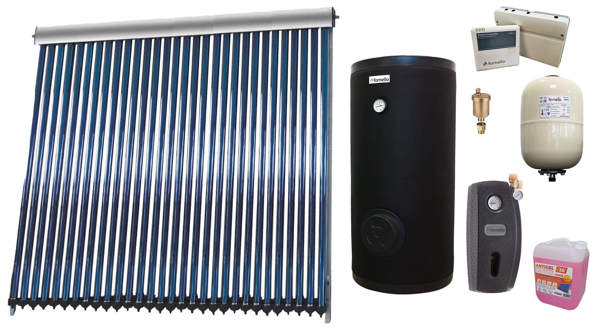 Sistem solar presurizat , panou Sunsystem VTC 30 tuburi, Boiler cu 2 serpentine Fornello SOL 200 litri, controller, vas expansiune, grup pompare, aerisitor 1/2, antigel