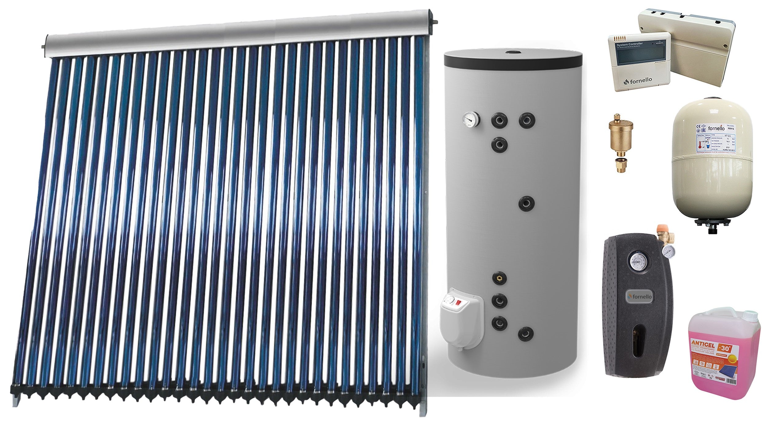 Sistem solar presurizat , panou Sunsystem VTC 30 tuburi, Boiler cu 2 serpentine Eldom FV20060S21, 3000 W, 200 l, controller, vas expansiune, grup pompare, aerisitor 1/2, antigel