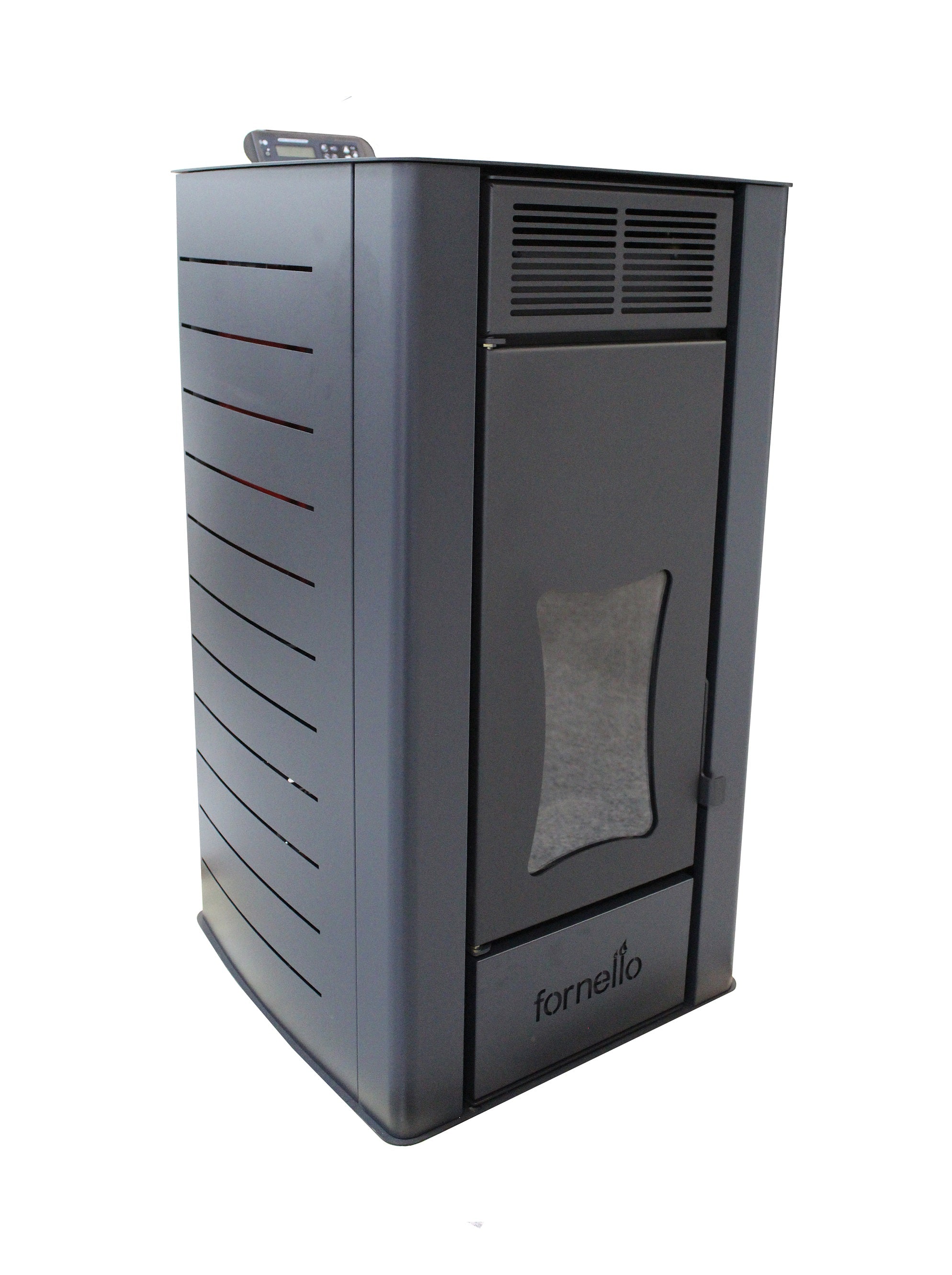 Termosemineu centrala pe peleti Fornello SERENA W25, 25 kw, complet echipat cu pompa de circulatie, vas de expansiune, supapa siguranta, telecomanda, culoare Black, arzator peleti din fonta, pentru suprafete pana la 150 mp