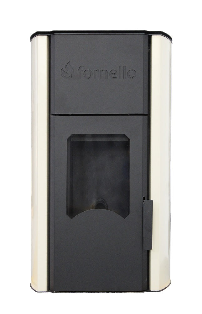 Termosemineu centrala pe peleti Fornello Royal 30 kw, complet echipat cu pompa de circulatie, vas expansiune , supapa de siguranta, buncar de peleti 30 kg, automatizare, culoare crem, pana la 200 mp