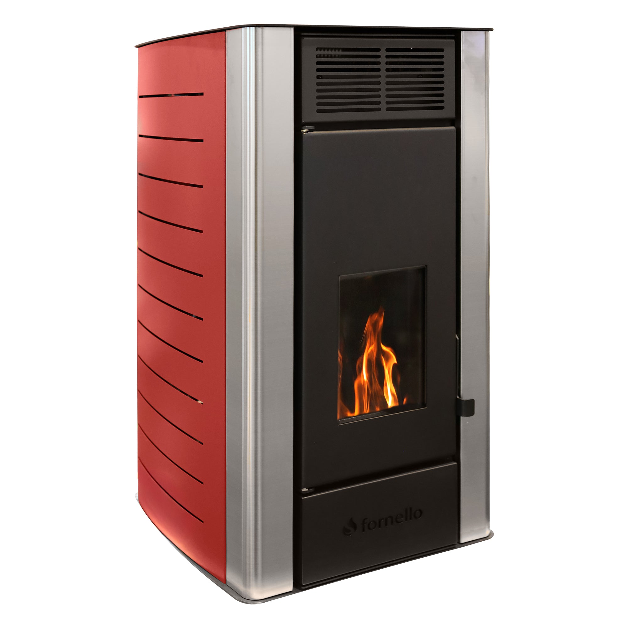 Termosemineu centrala pe peleti Fornello SERENA W25, 25 kw, complet echipat cu pompa de circulatie, vas de expansiune, supapa siguranta, telecomanda, culoare Bordeaux, arzator peleti din fonta, pentru suprafete pana la 150 mp