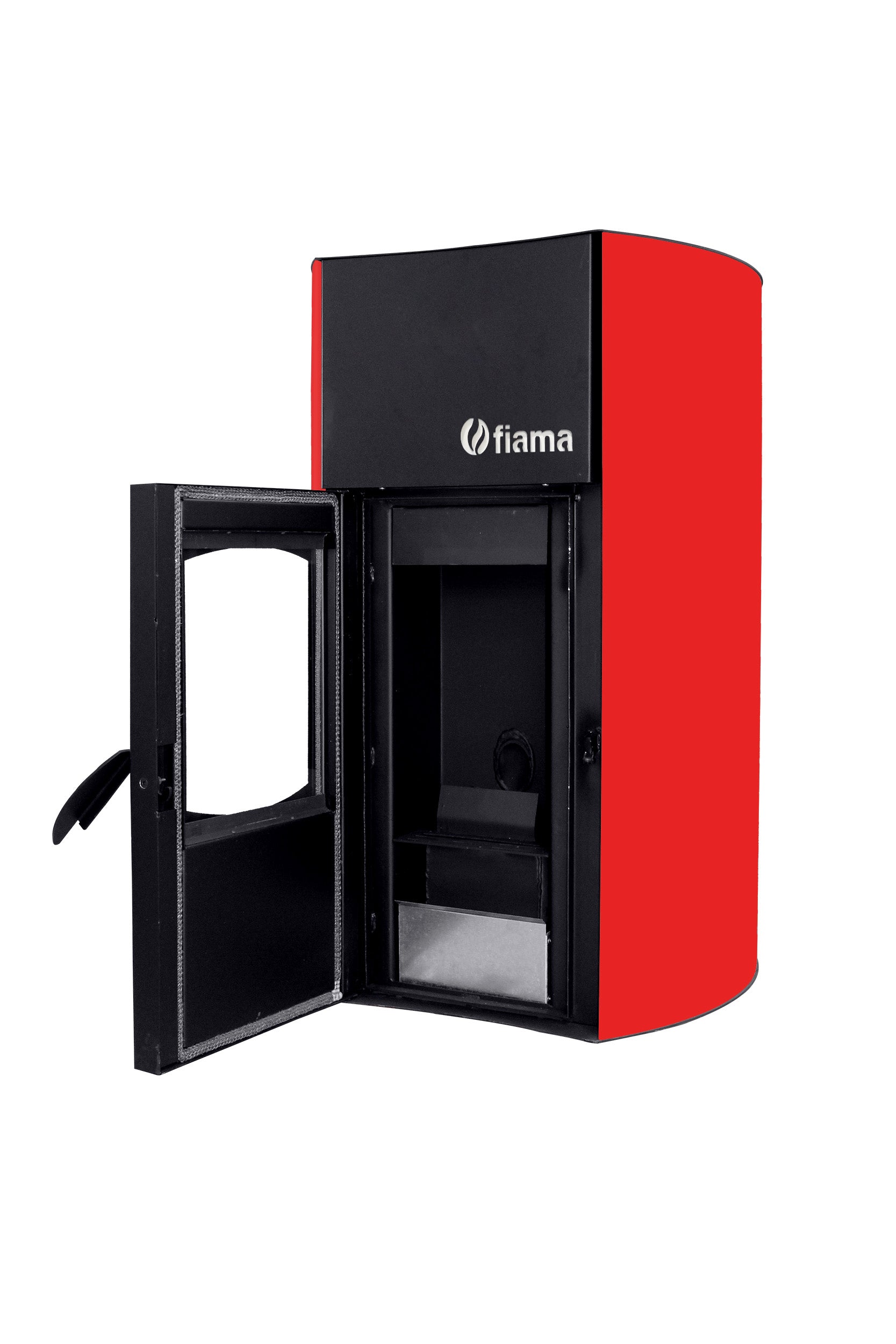 Termosemineu pe peleti Fiama Red 25 kw, complet echipat pentru incalzire, pompa, vas expansiune, automatizare, telecomanda, buncar peleti 30 kg, tiraj fortat, culoare Rosu, aprindere automata, pana la 160 mp