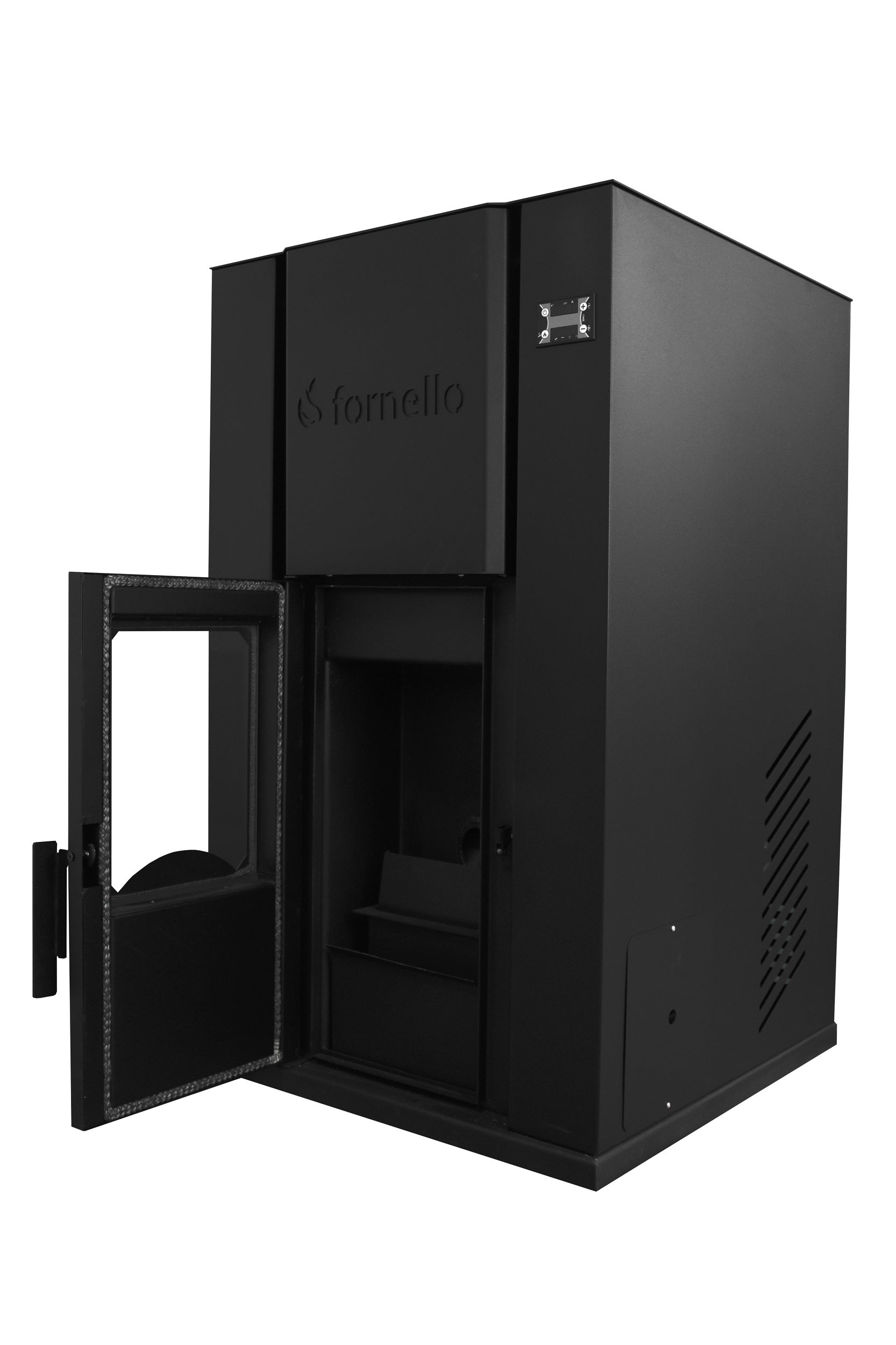 Termosemineu pe peleti Fornello Pellet King 35 kw complet echipata pentru incalzire, pompa , vas de expansiune ,supapa de siguranta, automatizare , tiraj fortat, buncar peleti 80 litri, aprindere automata, Clasa energetica A+