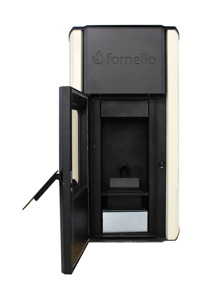 Termosemineu centrala peleti Fornello Royal 25 kw , complet echipat pentru incalzire, pompa, vas expansiune, automatizare, telecomanda, buncar peleti tiraj fortat culoare Ivory (crem)