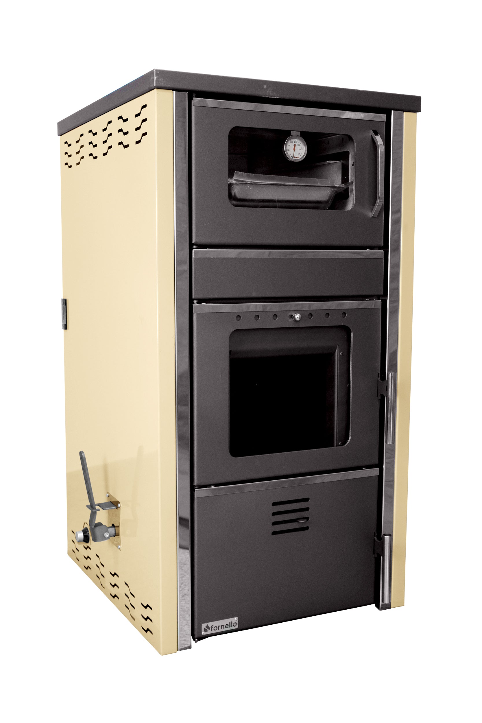 Termosemineu FORNELLO AVANOS 32 pe combustibil solid ( lemn,carbune,bricheti ) ce se poate utiliza atat pentru incalzirea locuintelor, cat si pentru gatit (este prevazuta cu plita si cuptor) si este echipat cu pompa de circulatie