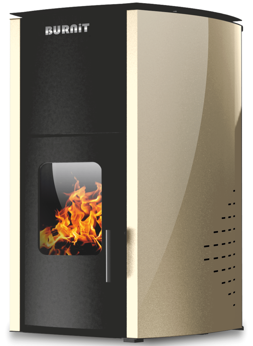 Termosemineu pe peleti Burnit Comfort 18 kw, complet echipat pentru incalzire, pompa, vas expansiune, automatizare, buncar peleti 15 kg, tiraj fortat, culoare Crem, aprindere automata, pana la 120 mp