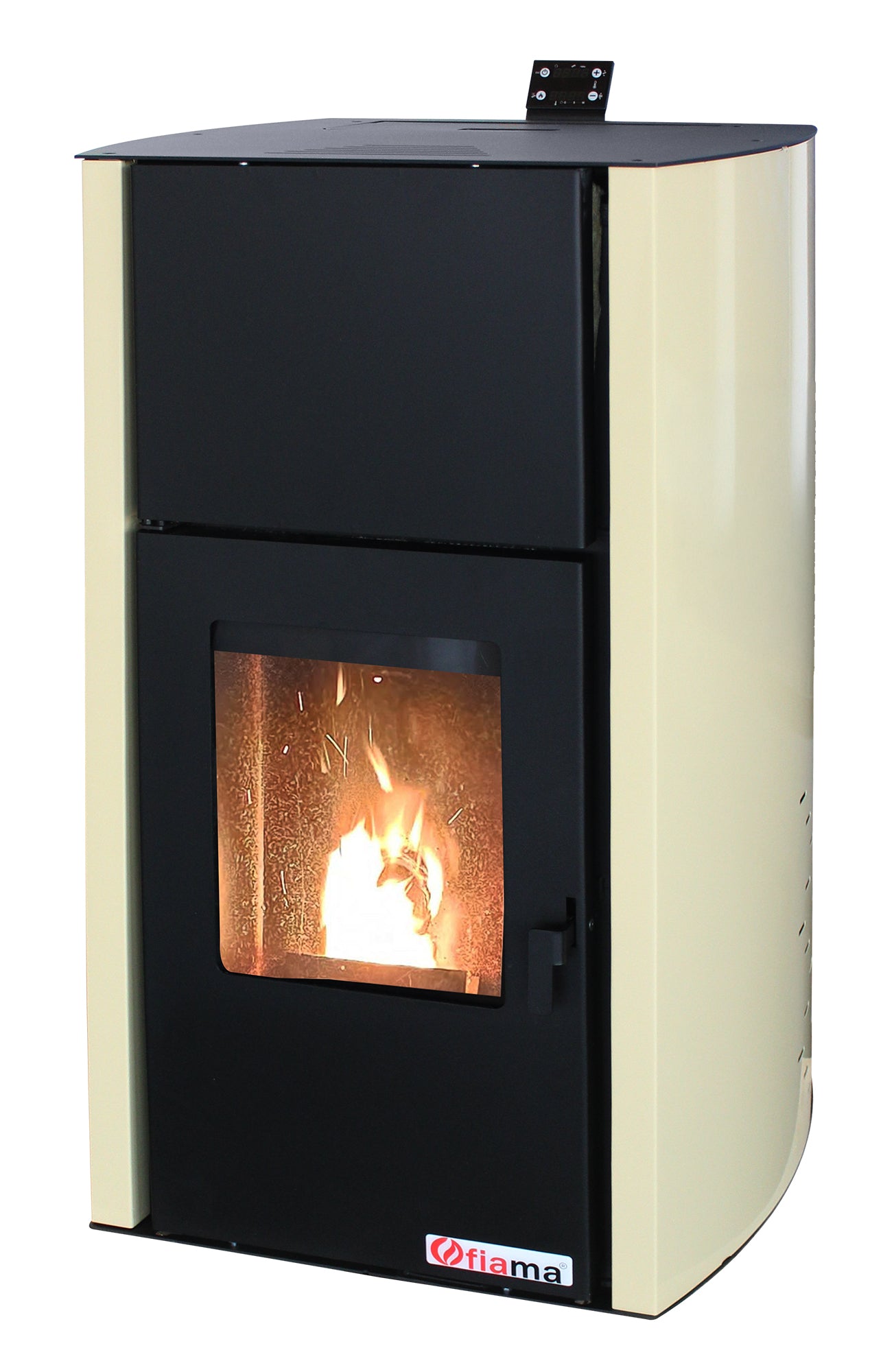 Termosemineu pe peleti Fornello Fiama Confort 12 kw, complet echipat pentru incalzire, pompa, vas expansiune, automatizare, buncar peleti 12 kg, tiraj fortat, culoare Crem, aprindere automata, pana la 80 mp