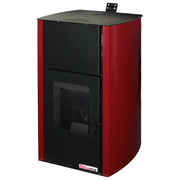 Termosemineu pe peleti Fornello Fiama Confort 25 kw, complet echipat pentru incalzire, pompa, vas expansiune, automatizare, buncar peleti 25 kg, tiraj fortat, culoare Bordeaux, aprindere automata, pana la 160 mp
