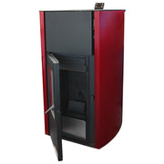 Termosemineu pe peleti Fornello Fiama Confort 25 kw, complet echipat pentru incalzire, pompa, vas expansiune, automatizare, buncar peleti 25 kg, tiraj fortat, culoare Bordeaux, aprindere automata, pana la 160 mp