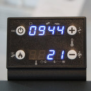 Termosemineu pe peleti Fornello Fiama Confort 25 kw, complet echipat pentru incalzire, pompa, vas expansiune, automatizare, buncar peleti 25 kg, tiraj fortat, culoare Bordeaux, aprindere automata, pana la 160 mp