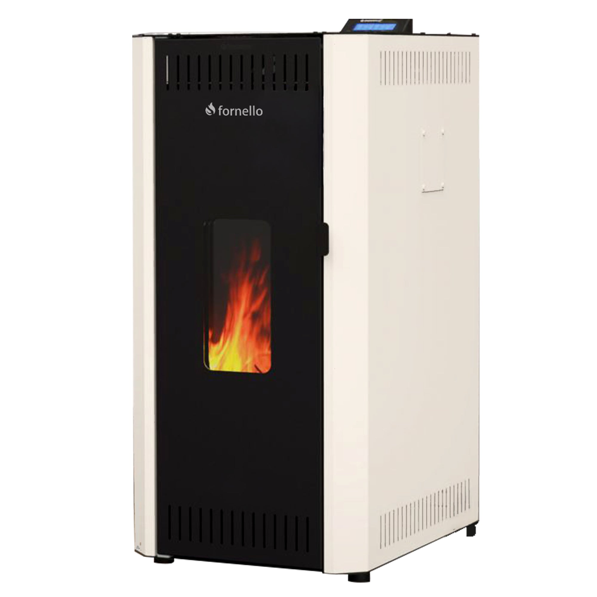 Pachet centrala pe peleti Fornello CALORE COMPACT 25 kW, pompa electronica, vas expansiune, arzator inox, grup de siguranta, kit evacuare 2.5 ml, sistem de curatare MECANICA a creuzetului si drumurilor de fum, culoare alb