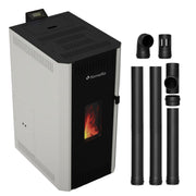 Pachet termosemineu pe peleti Fornello CALORE COMPACT 25 kW, pompa electronica, vas expansiune, arzator inox, grup de siguranta, kit evacuare 2.5 ml, sistem de curatare MECANICA a creuzetului si drumurilor de fum, culoare alb