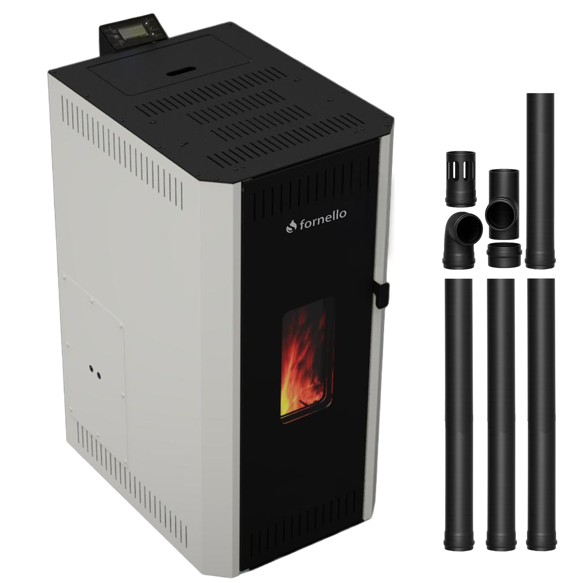 Pachet centrala pe peleti Fornello CALORE COMPACT 25 kW, pompa electronica, vas expansiune, arzator inox, grup de siguranta, kit evacuare 3.5 ml, sistem de curatare MECANICA a creuzetului si drumurilor de fum, culoare alb