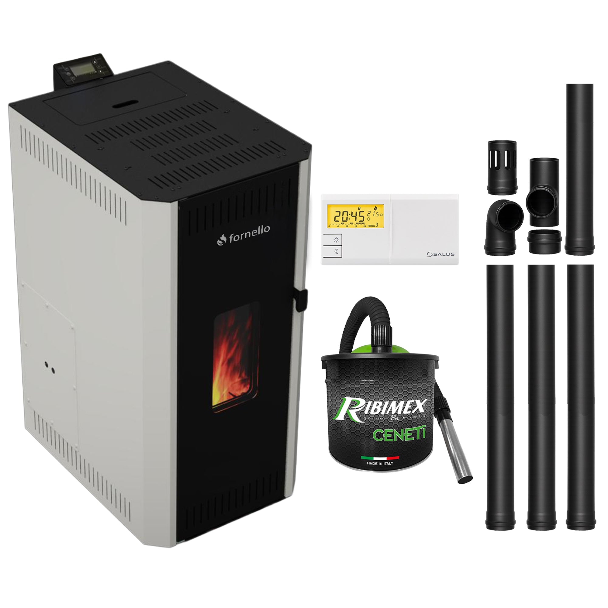 Pachet termosemineu pe peleti Fornello CALORE COMPACT 25 kW, pompa electronica, vas expansiune, arzator inox, grup de siguranta, kit evacuare, termostat Salus 091FLRFV2, aspiratior, sistem de curatare MECANICA a creuzetului si drumurilor de fum, culoare alb