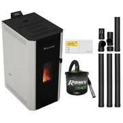 Pachet termosemineu pe peleti Fornello CALORE COMPACT 25 kW, pompa electronica, vas expansiune, arzator inox, grup de siguranta, kit evacuare, termostat Salus 091FLRFV2, aspiratior, sistem de curatare MECANICA a creuzetului si drumurilor de fum, culoare alb
