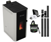 Pachet centrala pe peleti Fornello CALORE COMPACT 25 kW, pompa electronica, vas expansiune, arzator inox, grup de siguranta, kit evacuare, termostat Salus IT500, aspiratior, sistem de curatare MECANICA a creuzetului si drumurilor de fum, culoare alb