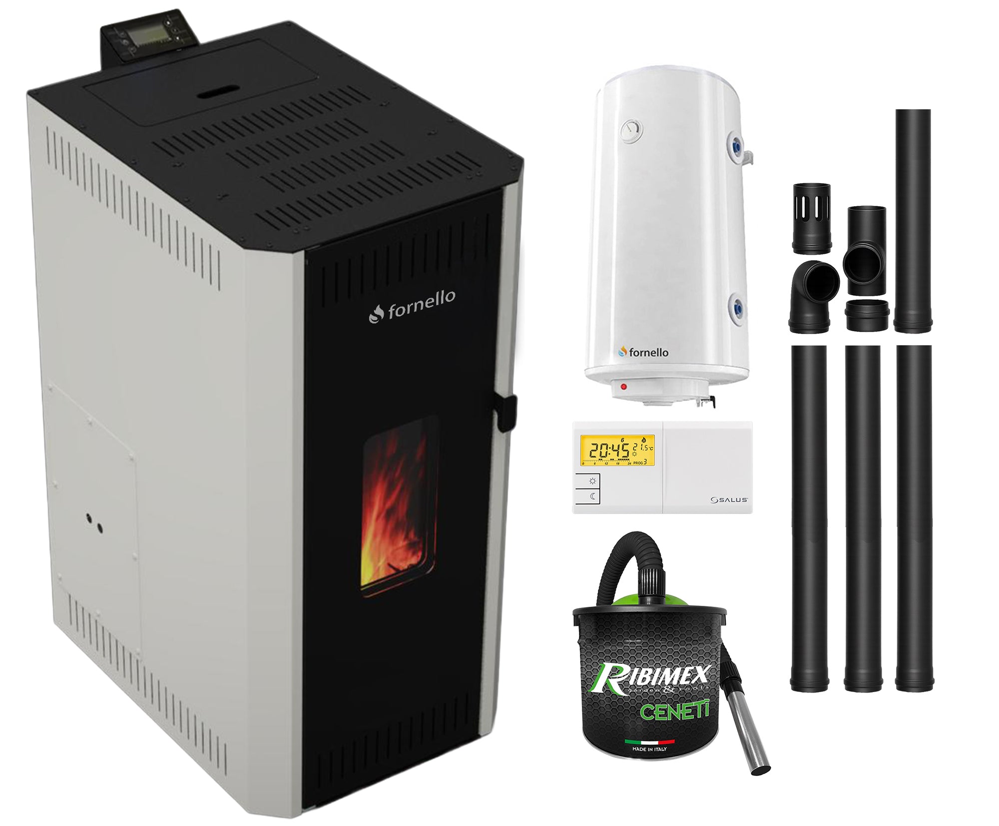 Pachet termosemineu pe peleti Fornello CALORE COMPACT 25 kW, pompa electronica, vas expansiune, arzator inox, grup de siguranta, kit evacuare, termostat Salus 091FLRFV2, aspiratior, boiler 100L, sistem de curatare MECANICA a creuzetului si drumurilor