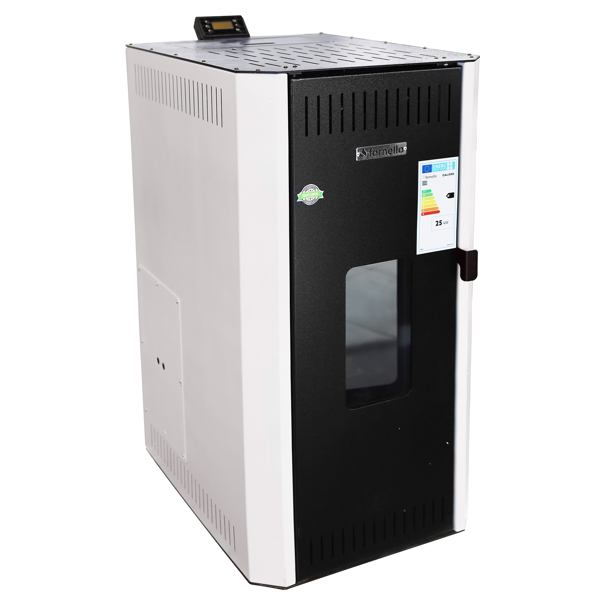 Termosemineu pe peleti Fornello CALORE COMPACT 35 kW, pompa electronica, vas expansiune, arzator inox, grup de siguranta, sistem de curatare MECANICA a creuzetului si drumurilor de fum, culoare alb