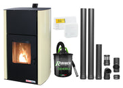 Pachet Termosemineu pe peleti Fornello Fiama Confort 30 kW, cu pompa, vas expansiune, automatizare, termostat, aspirator, kit evacuare 2.5 ml, buncar 35 kg, tiraj fortat, culoare crem, pana la 200 mp