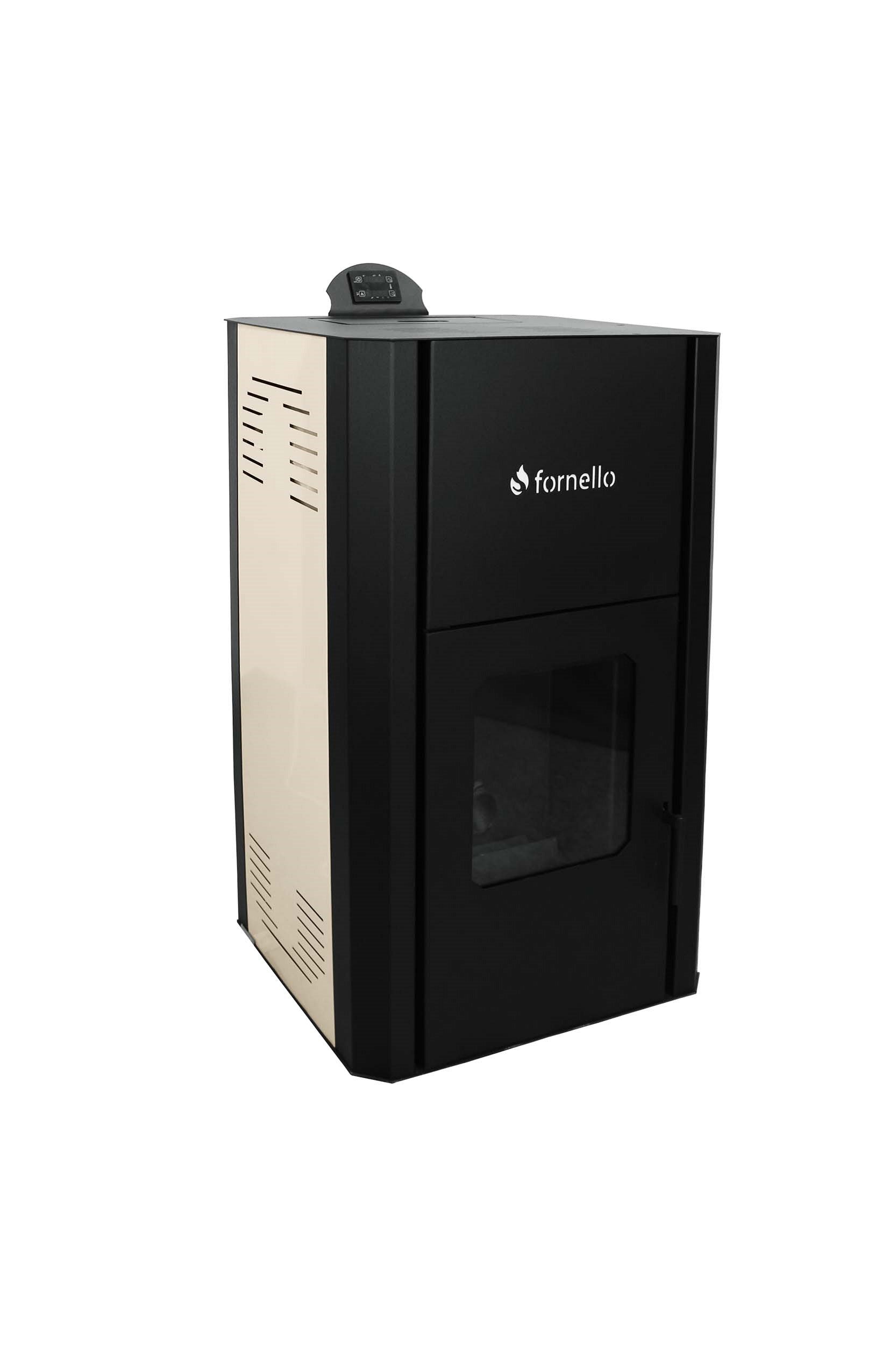 Termosemineu pe peleti Fornello Primo Pellet 25 KW, aprindere automata, telecomanda, buncar, tiraj fortat, pompa circulatie, vas expansiune, touch screen, Ivory, A+