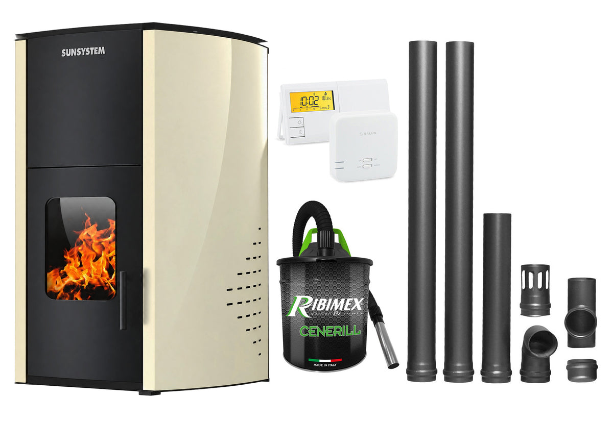 Pachet Termosemineu pe peleti SUNSYSTEM Comfort 13 kw, complet echipat pentru incalzire, Pompa, Vas expansiune, Automatizare, Termostat Radio Comanda Salus 091FLRFV2, Aspirator Cenusa si Kit evacuare 2.5 ml