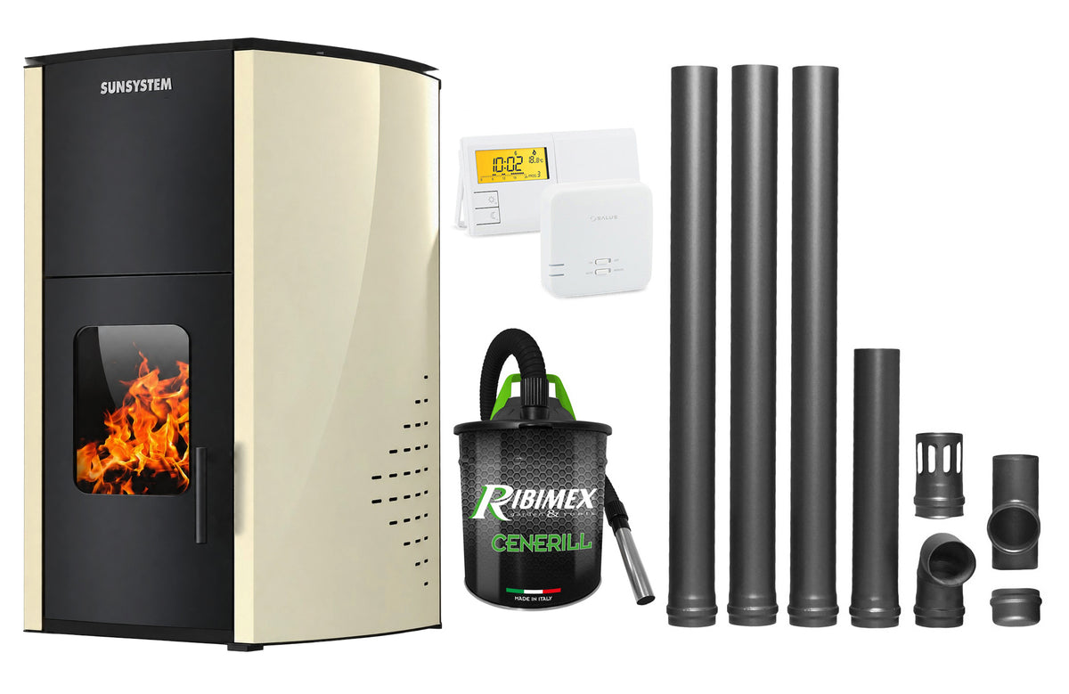 Pachet Termosemineu pe peleti SUNSYSTEM Comfort 13 kw, complet echipat pentru incalzire, Pompa, Vas expansiune, Automatizare, Termostat Radio Comanda Salus 091FLRFV2, Aspirator Cenusa si Kit evacuare 3.5 ml