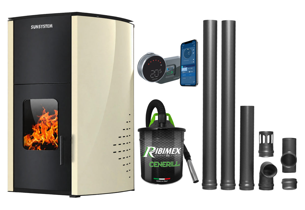 Pachet control de la distanta, Termosemineu pe peleti SUNSYSTEM Comfort 13 kw, complet echipat pentru incalzire, Pompa, Vas expansiune, Automatizare, Termostat ambiental Salus IT 800, Aspirator Cenusa si Kit evacuare 2.5 ml