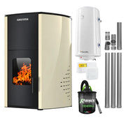 Pachet Termosemineu pe peleti SUNSYSTEM Comfort 13 kw, complet echipat pentru incalzire, Pompa, Vas expansiune, Automatizare, Boiler 100 litri, Termostat Salus 091FLRFV2, Aspirator Cenusa si Kit evacuare 3.5 ml