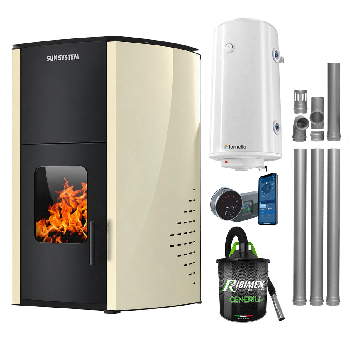 Pachet control de la distanta, Termosemineu pe peleti SUNSYSTEM Comfort 13 kw, complet echipat pentru incalzire, Pompa, Vas expansiune, Automatizare, Boiler 100 litri, Termostat Salus IT 800, Aspirator Cenusa si Kit evacuare 3.5 ml