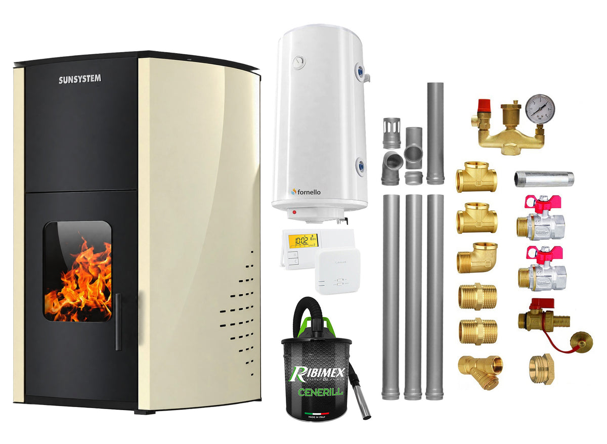 Pachet Termosemineu pe peleti SUNSYSTEM Comfort 13 kw, complet echipat pentru incalzire, Pompa, Vas expansiune, Automatizare, Boiler 100 litri, Termostat Salus 091FLRFV2, Aspirator, Kit evacuare 3.5 ml si Fitinguri montaj