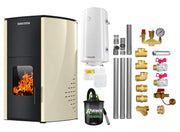 Pachet Termosemineu pe peleti SUNSYSTEM Comfort 13 kw, complet echipat pentru incalzire, Pompa, Vas expansiune, Automatizare, Boiler 100 litri, Termostat Salus 091FLRFV2, Aspirator, Kit evacuare 3.5 ml si Fitinguri montaj