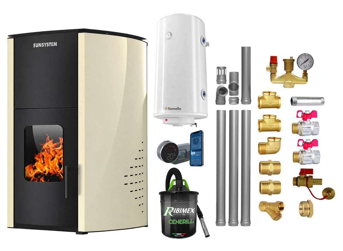 Pachet control de la distanta, Termosemineu pe peleti SUNSYSTEM Comfort 13 kw, complet echipat pentru incalzire, Pompa, Vas expansiune, Automatizare, Boiler 100 litri, Termostat Salus IT 800, Aspirator, Kit evacuare 3.5 ml si Fitinguri montaj