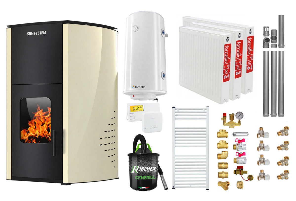 Pachet Termosemineu pe peleti SUNSYSTEM Comfort 13 kw, complet echipat pentru incalzire, Pompa, Vas expansiune, Automatizare, Radiatoare otel, Boiler 100 litri, Termostat, Aspirator, Kit 3.5 ml si Fitinguri montaj