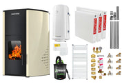 Pachet Termosemineu pe peleti SUNSYSTEM Comfort 13 kw, complet echipat pentru incalzire, Pompa, Vas expansiune, Automatizare, Radiatoare otel, Boiler 100 litri, Termostat, Aspirator, Kit 3.5 ml si Fitinguri montaj