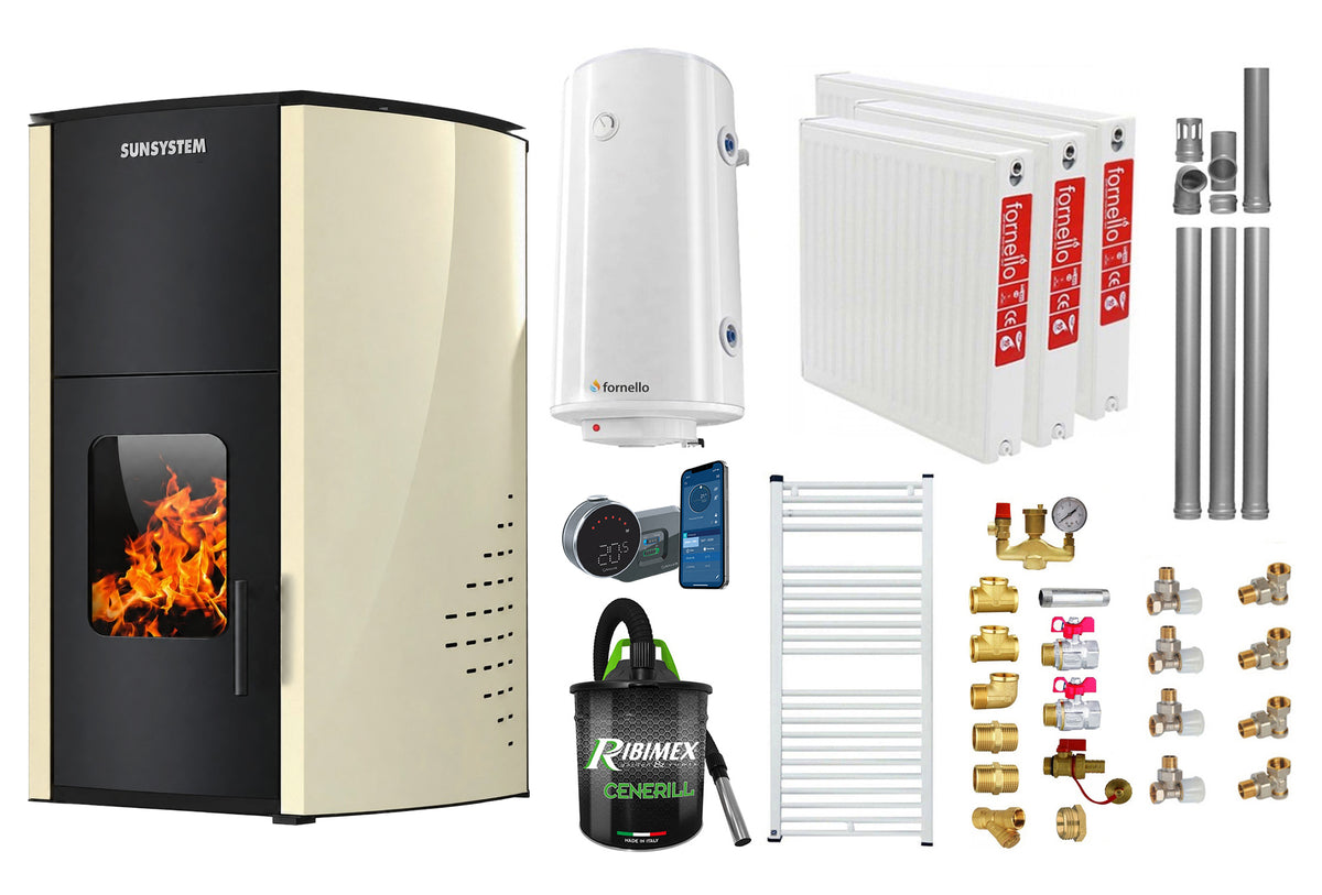 Pachet control de la distanta, Termosemineu pe peleti SUNSYSTEM Comfort 13 kw, Pompa, Vas expansiune, Automatizare, Radiatoare otel, Boiler 100 litri, Termostat, Aspirator, Kit 3.5 ml si Fitinguri montaj