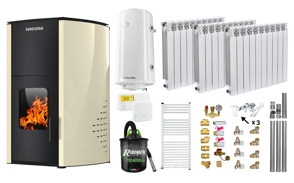 Pachet Termosemineu pe peleti SUNSYSTEM Comfort 13 kw, Pompa, Vas expansiune, Automatizare, Calorifere aluminiu Fornello Alvo, Boiler 100 litri, Termostat, Aspirator, Kit 3.5 ml si Fitinguri montaj